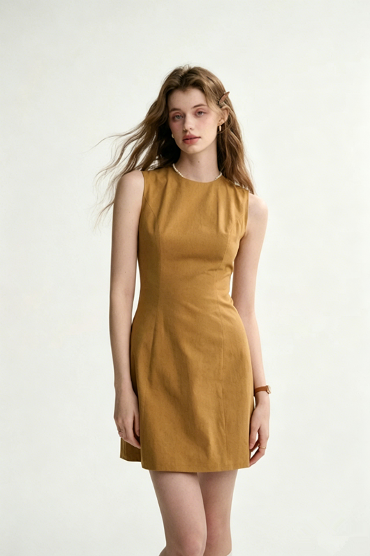 Camel Linen-Blend Sheath Dress Women With Round Neck And Sleeveless Design R9460