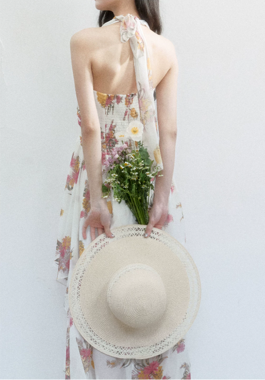 Floral Print Halter Neck Chiffon Dress Women With Lace Trim And Asymmetrical Hem R9419