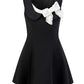 Black Sleeveless A-Line Dress with White Bow Accent R9171