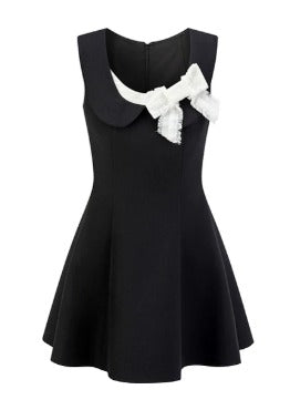 Black Sleeveless A-Line Dress with White Bow Accent R9171