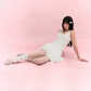 White Halter Mini Dress with Lace V-Neck, Beaded Straps, Smocked Back and Flared Skirt R9254