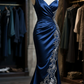 Dark blue slim-waist satin hip-length ball gown R6088