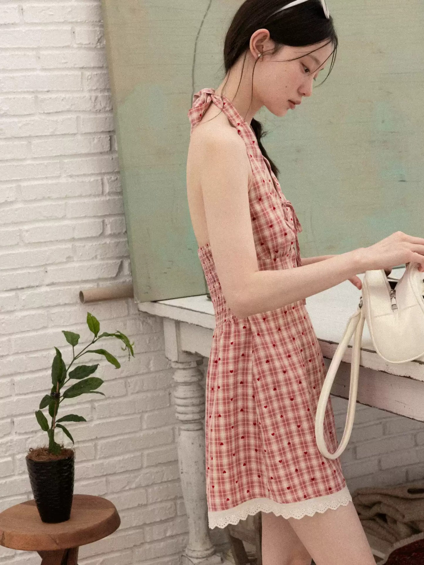 Retro Pink Gingham Halter Mini Dress with Heart Detail R9173