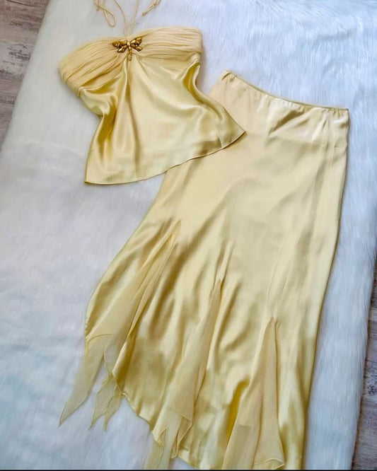 Yellow Two Piece Chiffon Halter Prom Dress Evening Dress     S7012