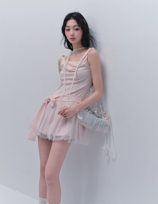 Pink Off The Shoulder Mini Dress Women With Lace Choker And Tulle Skirt R9443