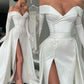 A-Line Evening Gown Elegant Dress Formal Court Train Long Sleeve Off Shoulder Satin with Buttons Pleats Slit dress     S7018