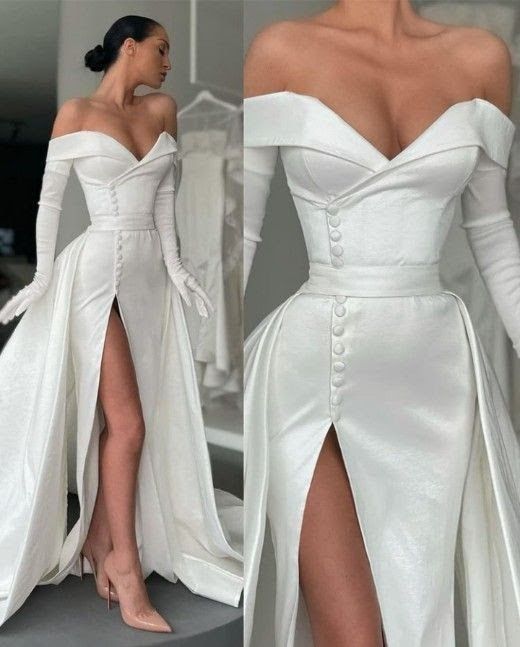 A-Line Evening Gown Elegant Dress Formal Court Train Long Sleeve Off Shoulder Satin with Buttons Pleats Slit dress     S7018