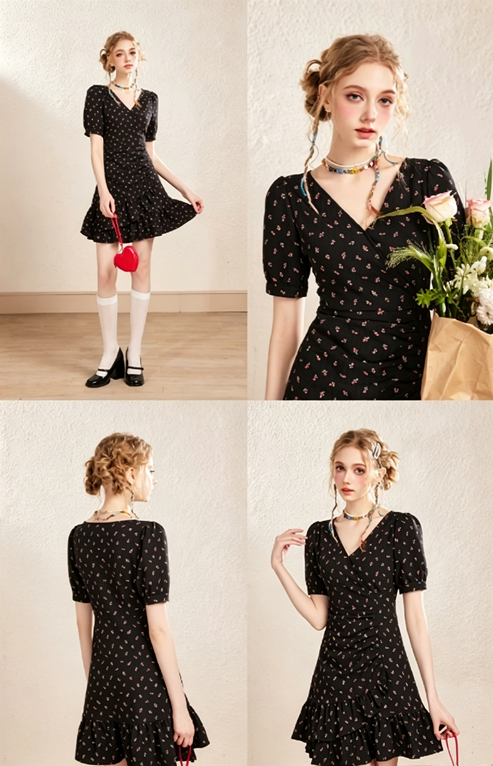 Romantic Black Cherry Floral A-Line Dress With Puff Sleeves And Layered Skirt R9322