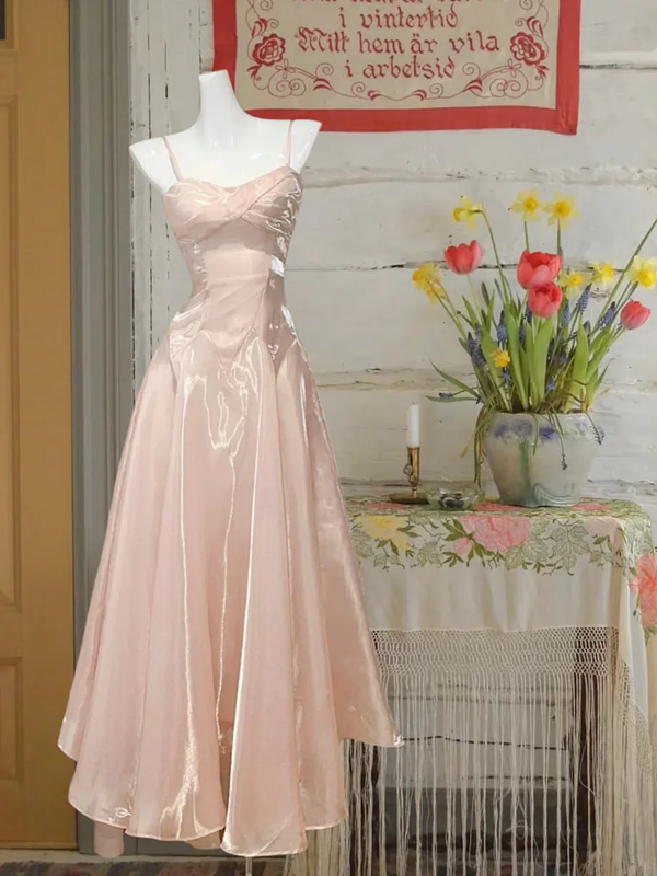 Light pink satin suspender waist slim fit A-line maxi ball gown R6066