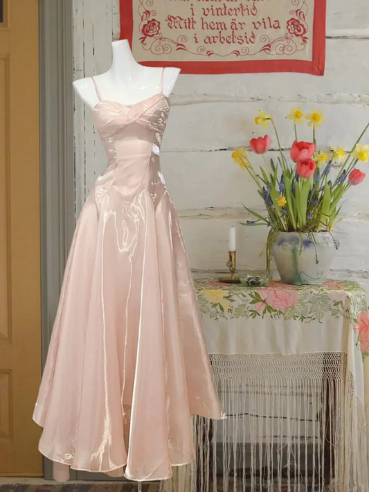 Light pink satin suspender waist slim fit A-line maxi ball gown R6066