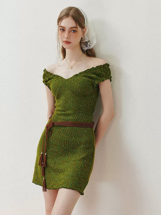 Olive Green Textured Knit Dress with Off-Shoulder Neckline & Tassel Belt R9178