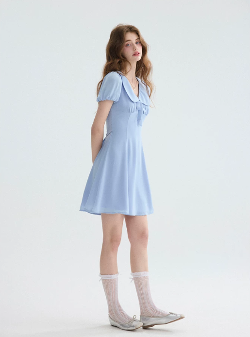 Light Blue Peter Pan Collar Mini Dress Women With Puff Sleeves And Bow Detail R9486