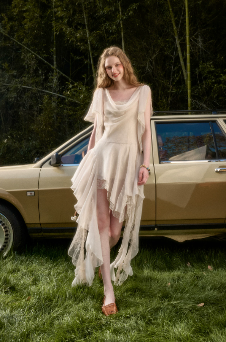 Fairycore White Flowy Dress with Asymmetric Hem, Lace Underlayer and Short Flutter Sleeves R9269