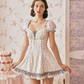Vintage Lolita A-Line Mini Dress Sweetheart Neck Lace Trim Floral Print Cotton R9191