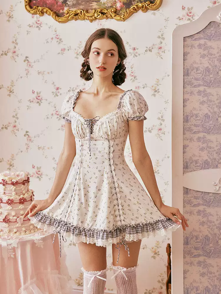 Vintage Lolita A-Line Mini Dress Sweetheart Neck Lace Trim Floral Print Cotton R9191