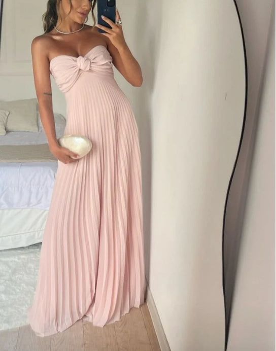 Pink Strapless A-Line Pleated Elegant Long Prom Dress Wedding Guest Dress Evening Party Dress     S7069