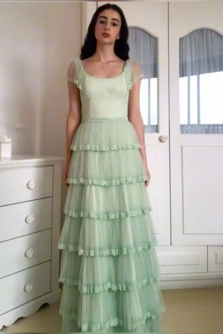 Sage Green A-Line Tiered Elegant Long Prom Dress     S6966