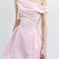 Pink Satin One Shoulder Mini Dress Women With Lace Trim And Rose Detail R9416