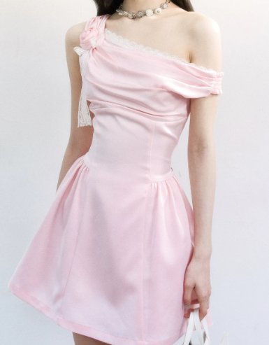 Pink Satin One Shoulder Mini Dress Women With Lace Trim And Rose Detail R9416