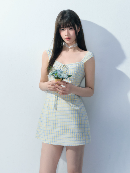 Fresh Style Yellow Blue Plaid Tie Front Dress Women Summer Slim Fit Flare Dress R9352
