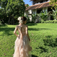 Elegant Pink Satin Ruffle Trim Long Evening Dress with Corset Back Design R9127