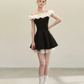 Classic Black White Off Shoulder A-Line Party Dress with Ruffle Top R9215