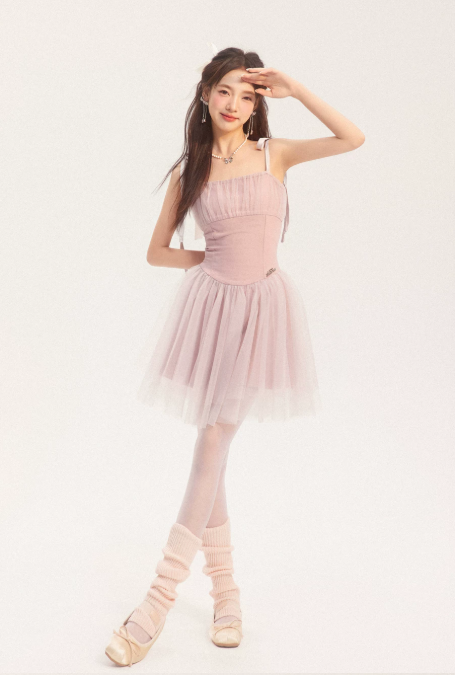 Ethereal Pink Corset Cami Dress With Layered Tulle Skirt, Bow Ties And Ruched Bust R9300