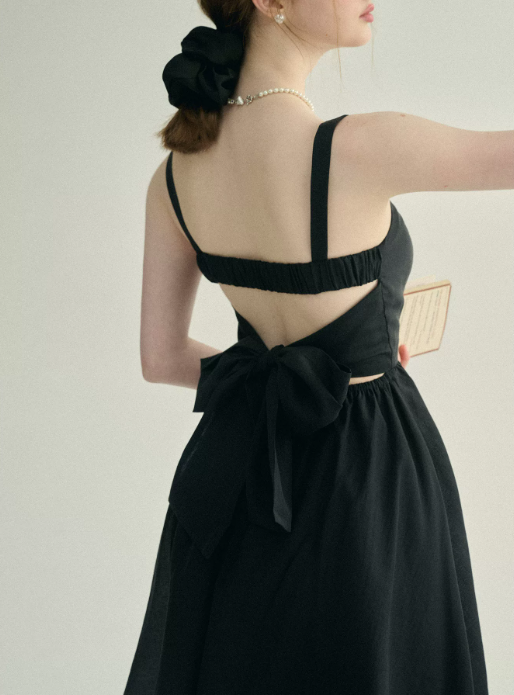 Black Cami Mini Dress Women With Back Bow Detail And Open Back R9475