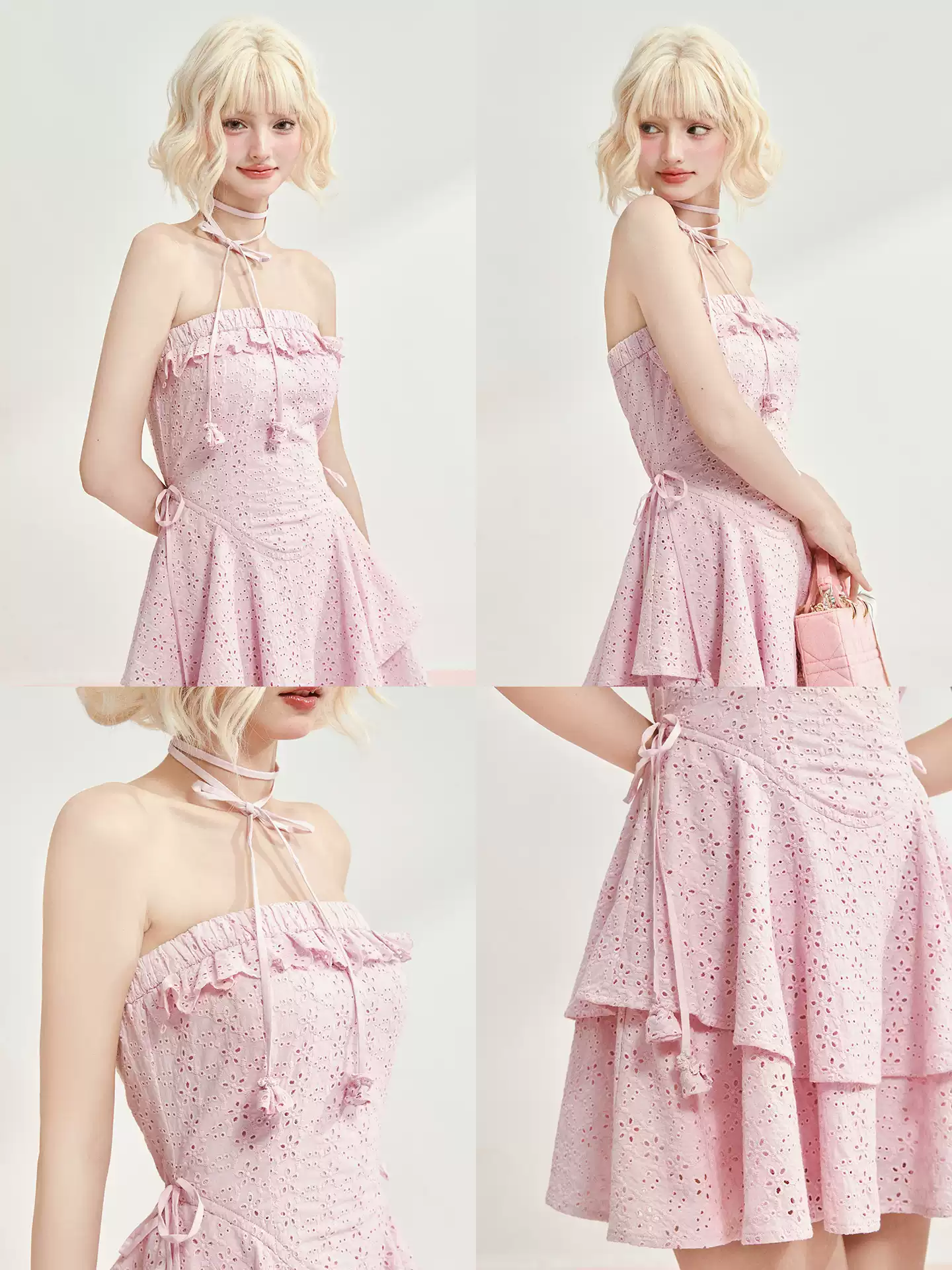 Pink Eyelet Embroidery Halter Strapless Mini Dress With Tiered Ruffle Skirt R9291