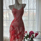 Pink floral halter dress with waist and irregular hem, prom dress R5417