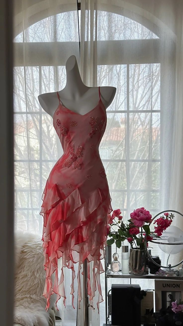 Pink floral halter dress with waist and irregular hem, prom dress R5417