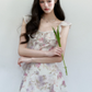 Pink And Purple Floral Print Chiffon Cami Dress Women With Lace Ruffle Trim R9423