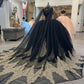 Black Gold Appliques Tulle Quinceanera Dresses With Cape Spaghetti Straps Ball Gown Sweet Sixteen Prom Party Dresses       S7165