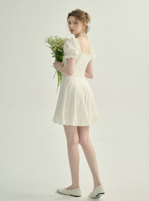 White French Style Mini Dress Women With Puff Sleeves And Lace Inset R9471