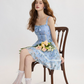 Blue Floral Lace Cami Dress Women With Bow Detail And Flared Skirt R9451