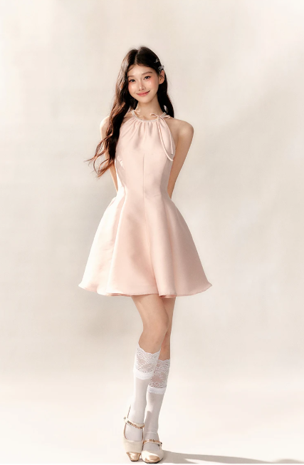 Light Pink Halter Neck Flare Mini Dress with Bow and Beaded Neckline R9227