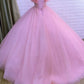 Long Ball Gown Prom Dress, Quinceanera Dresses, Pink Lace Appliques Dress   S1839