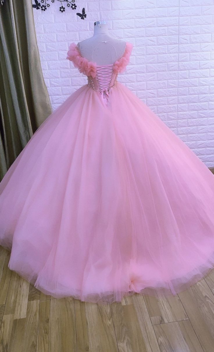 Long Ball Gown Prom Dress, Quinceanera Dresses, Pink Lace Appliques Dress   S1839