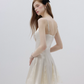 Cream White Satin Slip Mini Dress Women With Lace Inset Flounce Hem R9470