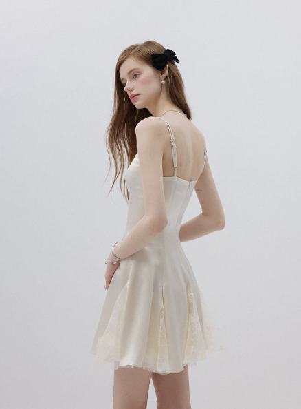 Cream White Satin Slip Mini Dress Women With Lace Inset Flounce Hem R9470