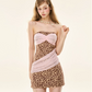 Y2K Coquette Leopard Print Strapless Mini Dress With Pink Mesh Overlay And Form-Fitting Silhouette R9298