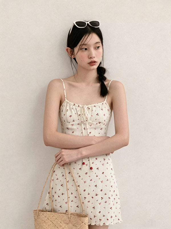 Soft Cherry Print Cami Dress with Ruffled Hem R9170