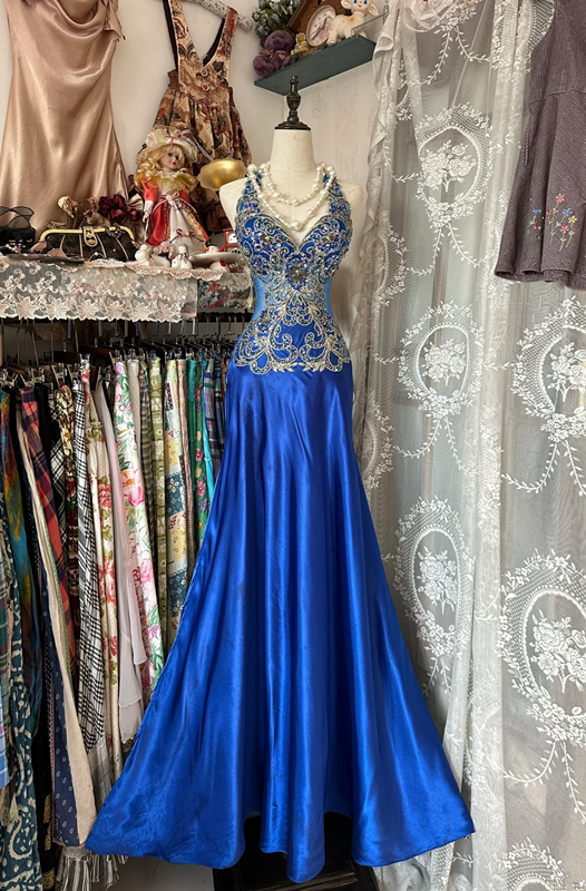 Blue halter-neck sequined fitted sexy fishtail gown, ball gown R6287