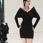 Black V-Neck Long Sleeve Mini Dress with 3D Floral Trim and Large Tulle Bow at Back R9370