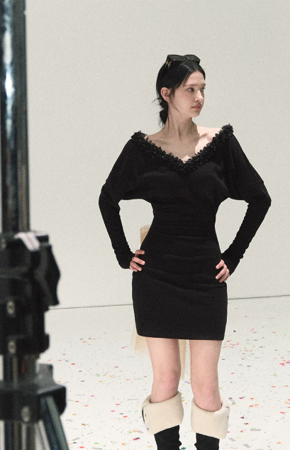 Black V-Neck Long Sleeve Mini Dress with 3D Floral Trim and Large Tulle Bow at Back R9370