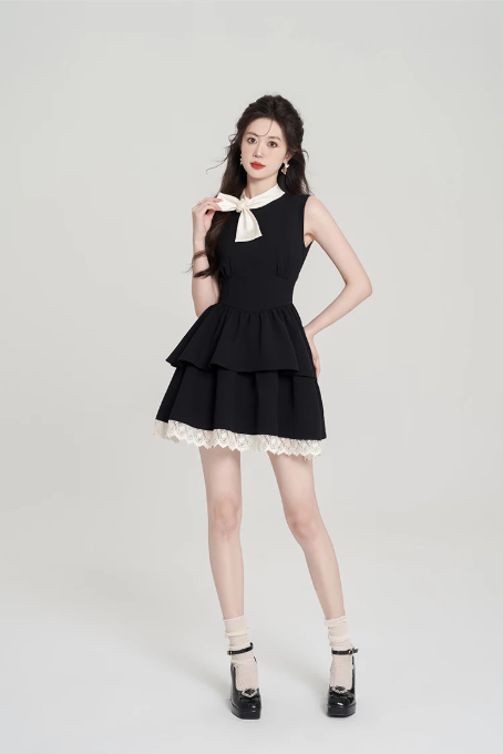 Coquette Black Tiered Mini Dress, Women's Sleeveless Bow Neck Dress with Lace Trim R9326