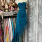 Dark blue strapless, fitted, long ball gown with an asymmetrical hem R7873