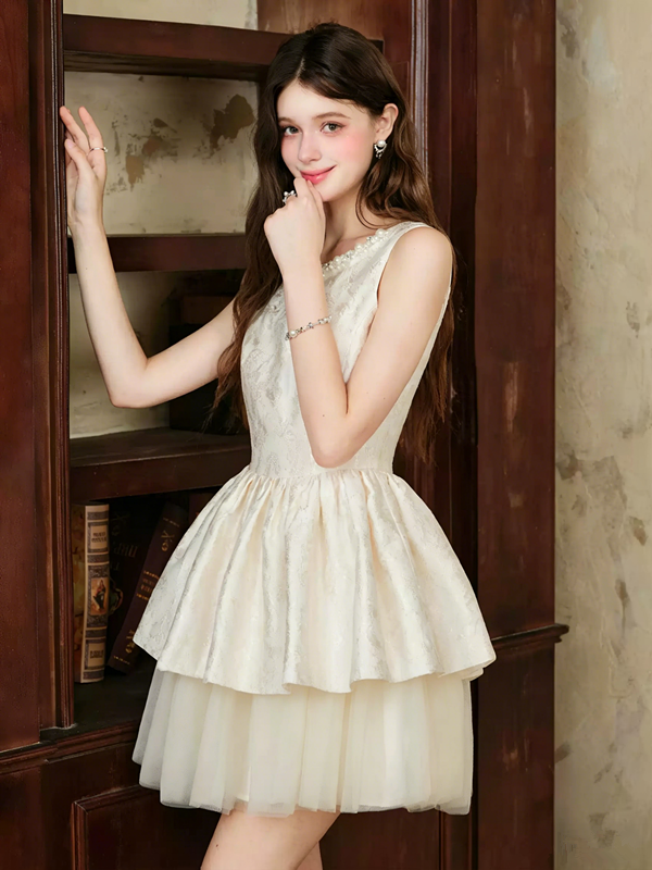 Elegant Off-White Jacquard Dress with Rhinestone Embellished Neck R9210