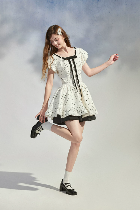 White Polka Dot Mini Dress Women With Black Bow Detail And Puff Sleeves R9396