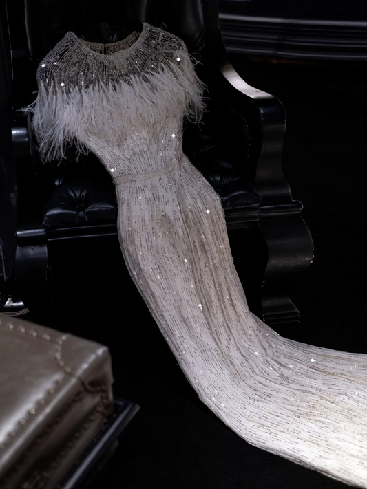 White sequined strapless shawl fitted long ball gown/bridal dress R8823